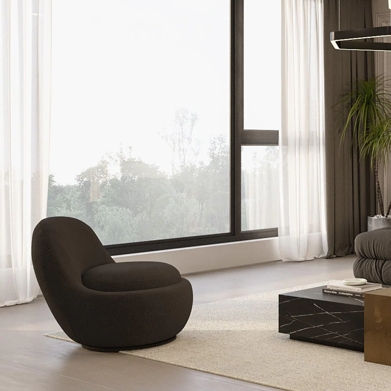 Boba Swivel Lounge Chair Black Boucle - Image 4
