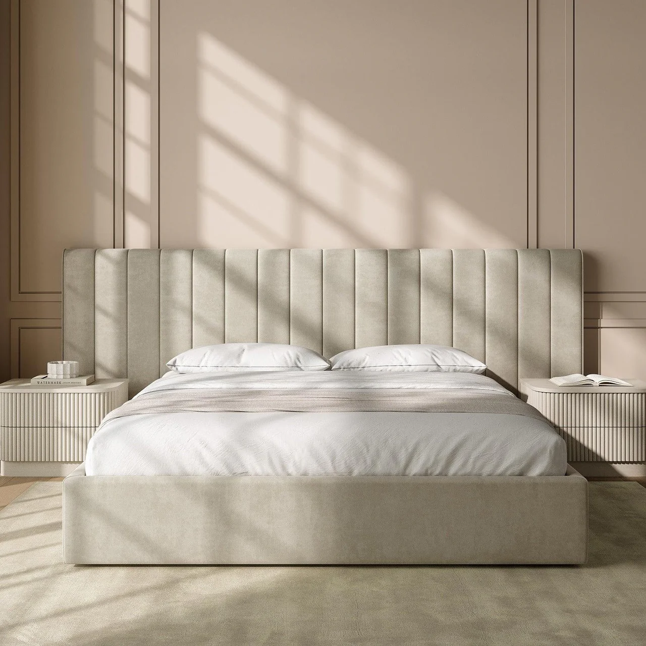 Dune King Bed Beige Velvet - Image 2